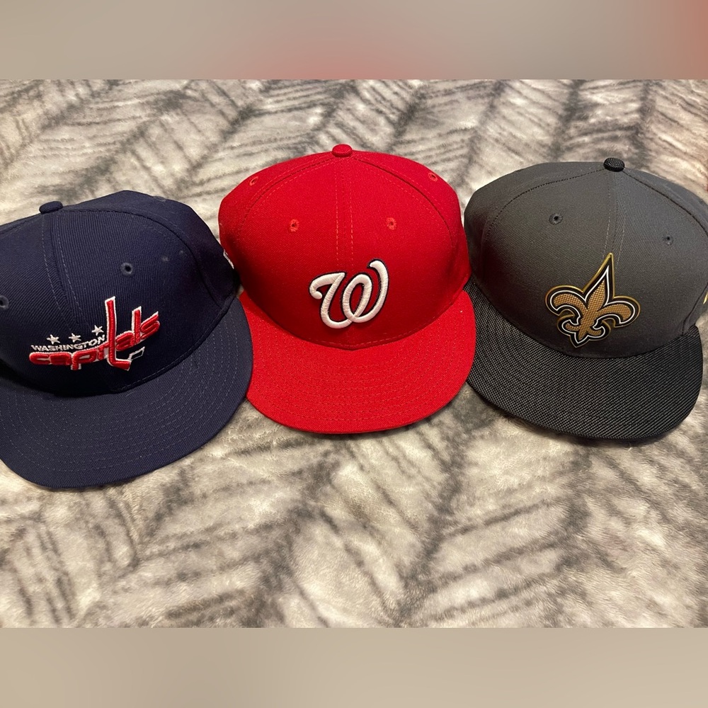 Red, Blue, and Gray Sports Caps